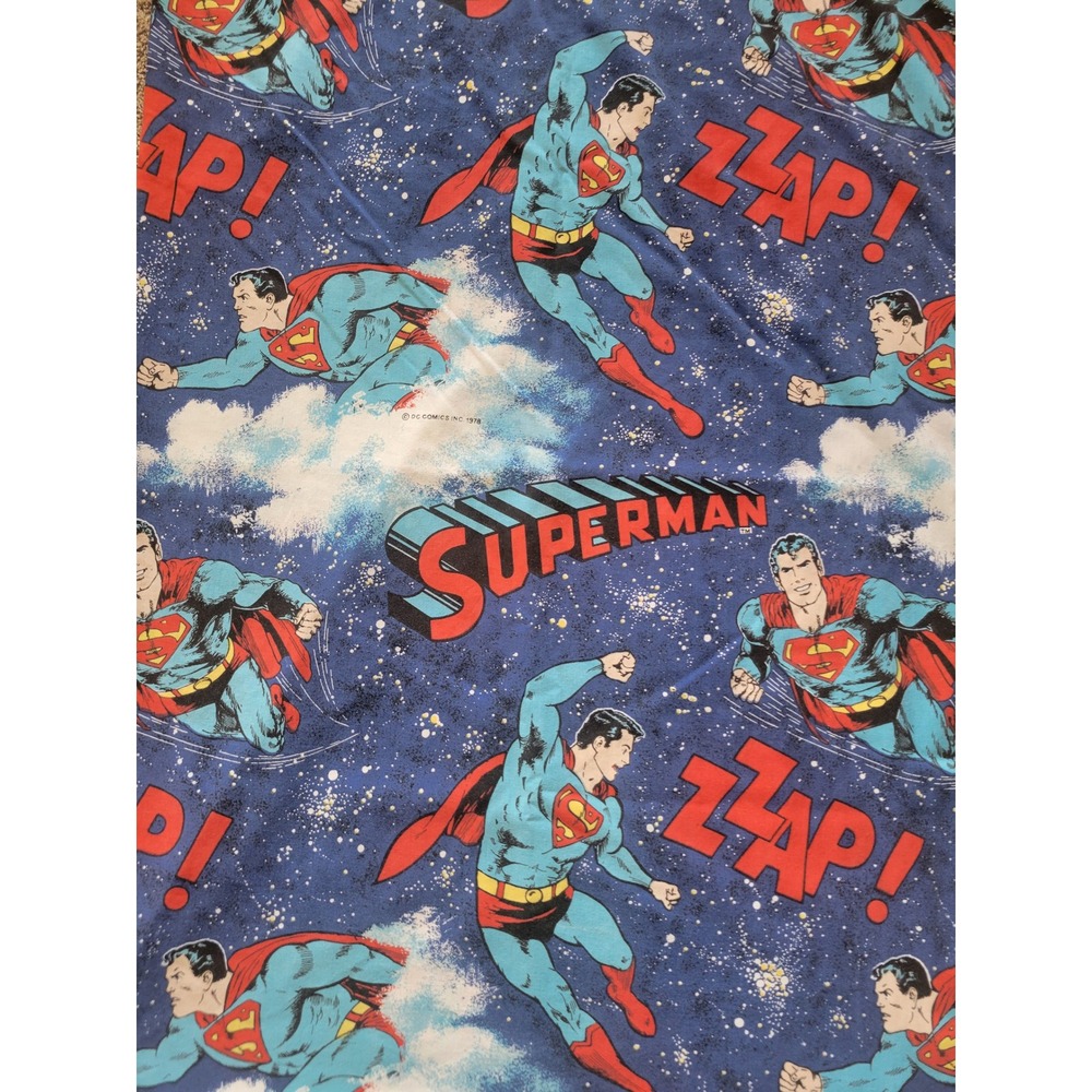 Vintage 1978 Superman Twin Flat Sheet DC Comics Fabric Blue Zzap  Bedding Retro
